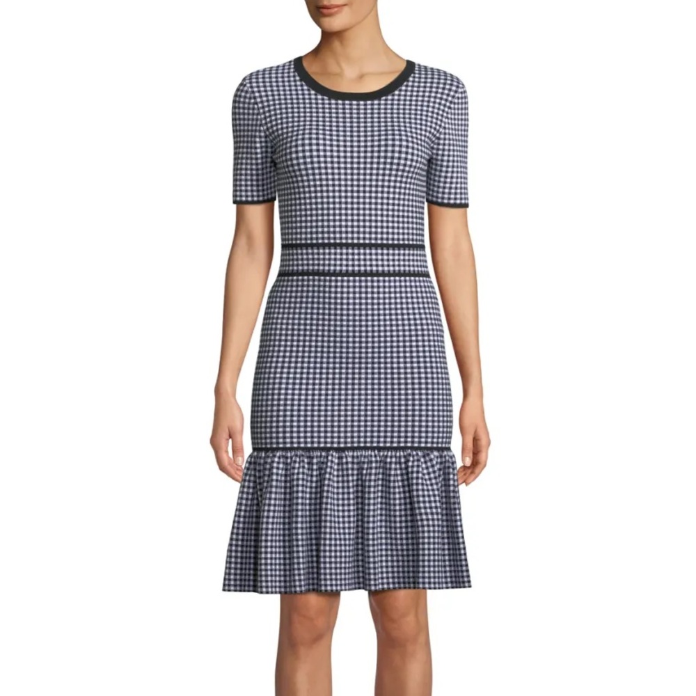MICHAEL KORS COLLECTION Crewneck Short-Sleeve Gingham Check Dress w/ Flounce